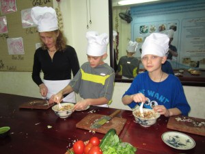 Prep cooks hard at work on spring roll filling