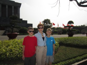 Coco and the boys at Uncle Ho's mausoleum