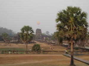 Hot air balloon over Angkor Wat, sunrise