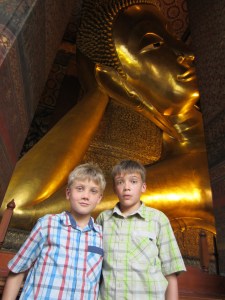Head of 46 meter long reclining Buddha at Wat Pho, Bangkok, Thailand