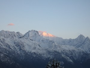First light on the Ganesh Himal (7000+m), from bed in Foprang Danda