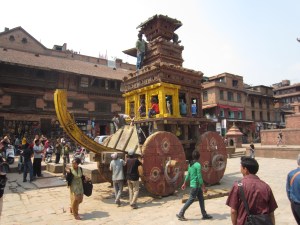 Raising the roof on Bhairab's chariot, Bhaktapur