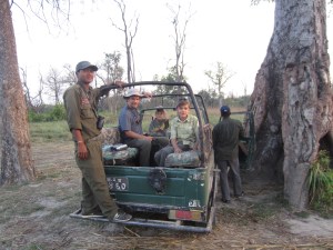 Boys in a jeep with Santa, our guide, Bardia National Park