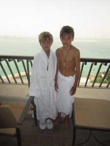 Enjoying the robe and slippers at the Sheraton, "wish we could stay longer", Doha, Qatar